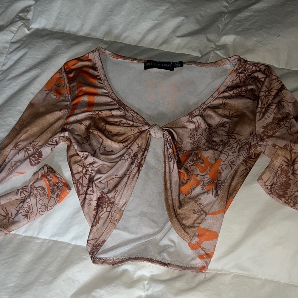 PrettyLittleThing Sheer Floral Tie-Front Blouse